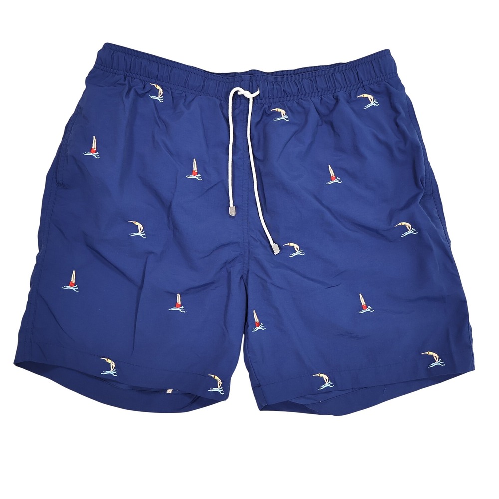 J. MCLAUGHLIN Men's L Navy Diver Print Embroidered Mesh-Lined Swim Trunks Shorts